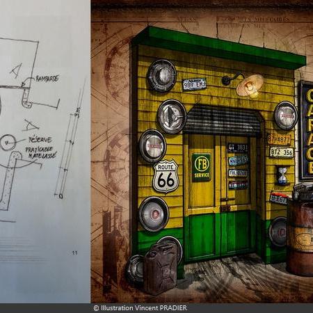 Coulisses des tournages de Fort Boyard - Plan d'implantation du Percolateur (2012) et illustration du Garage (2015)